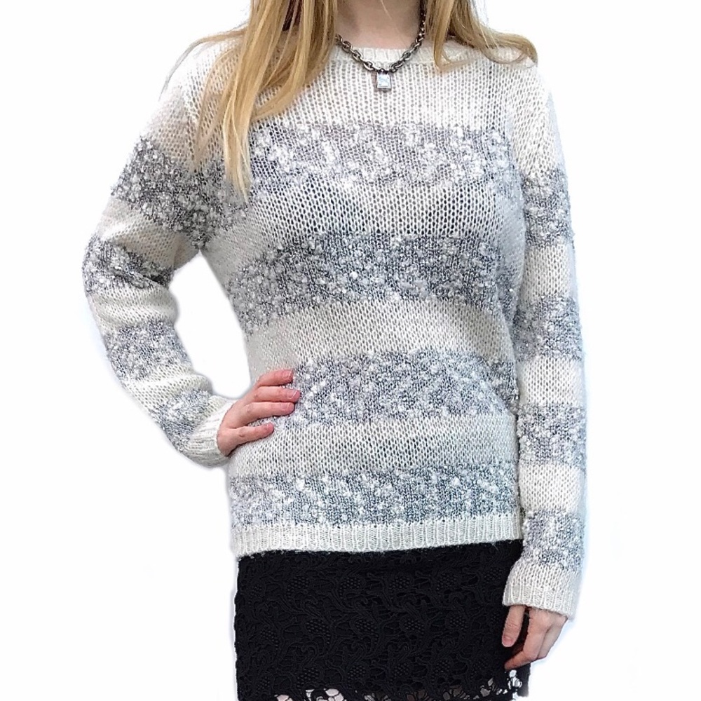 Topshop White Grey Sequin Knit Pullover Christmas Sweater Horizontal Striped 8